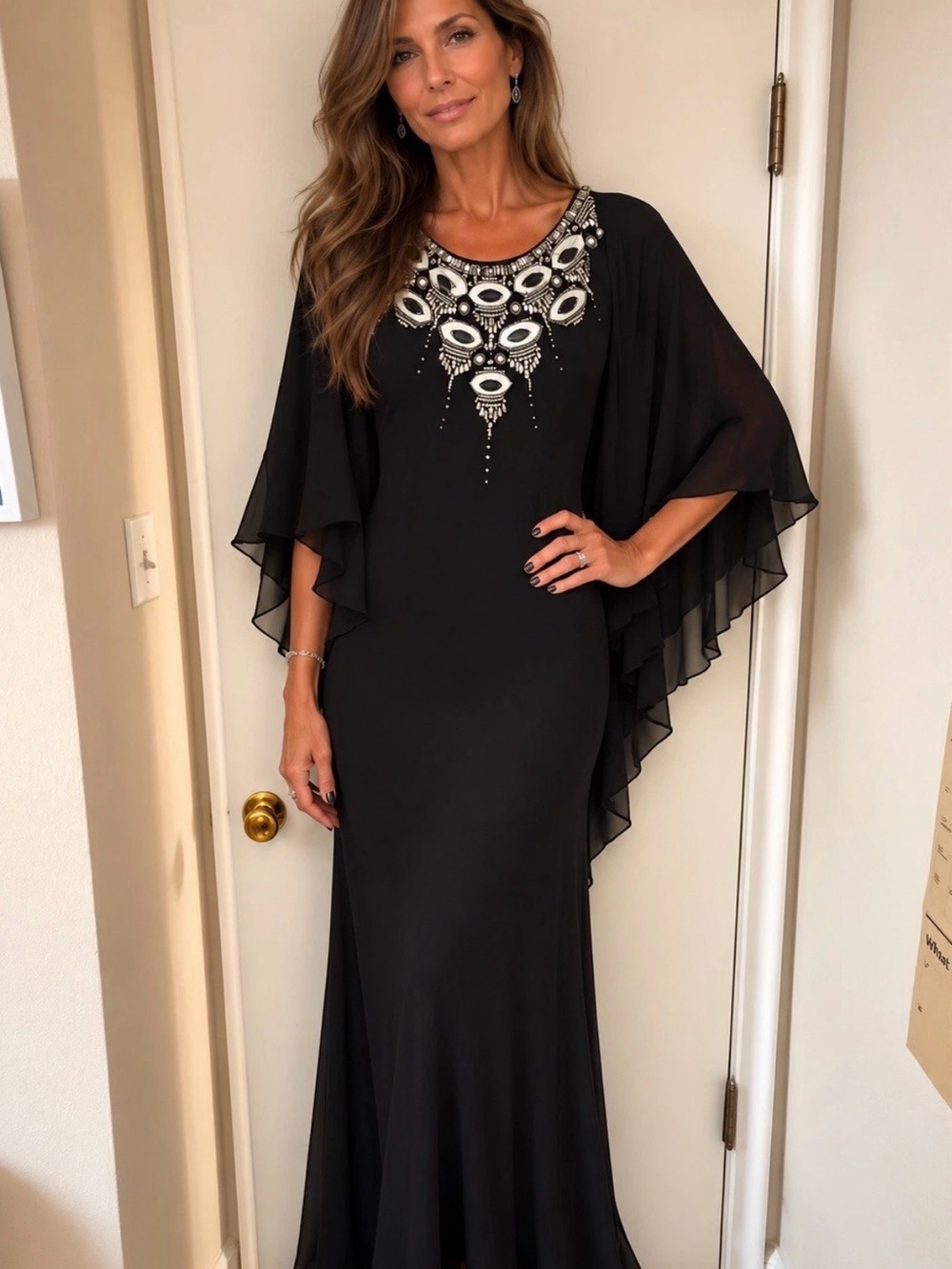 Badgley Mischka Couture Stunning Cape Sleeve Gown Superbly Embellished $5,610